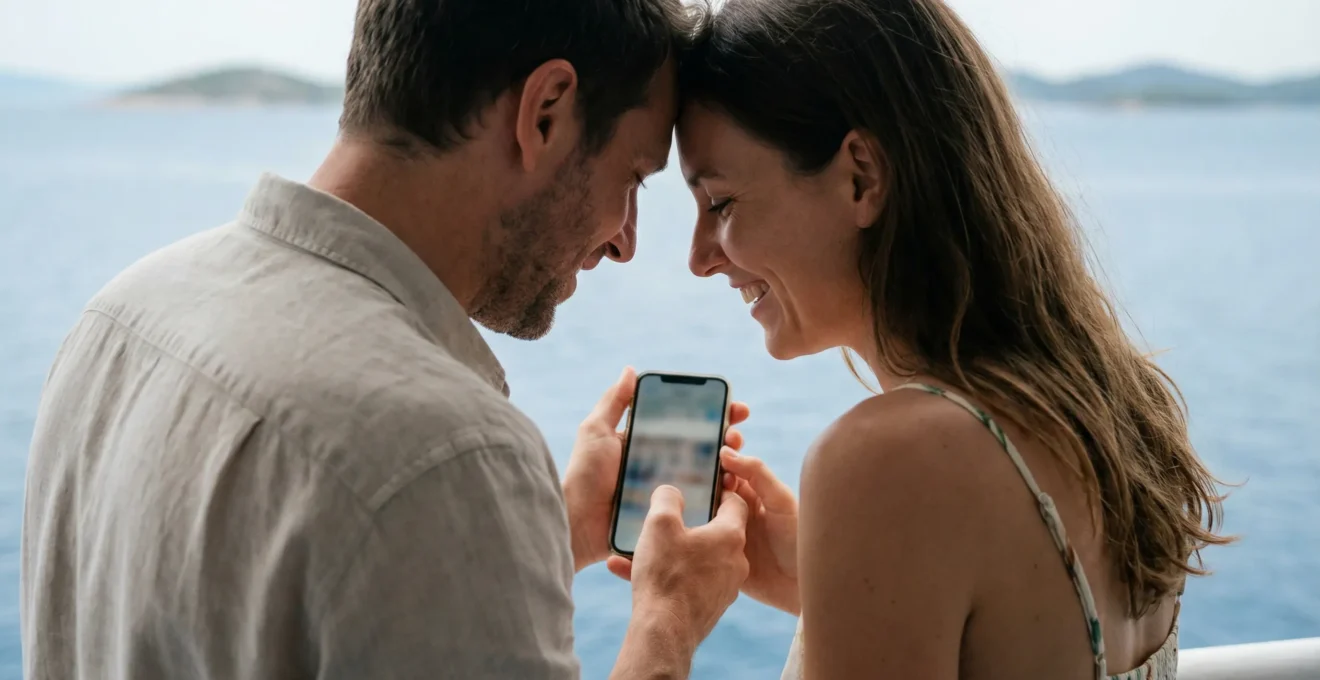 Famille consultant une réservation ferry sur smartphone avec mer en arrière-plan