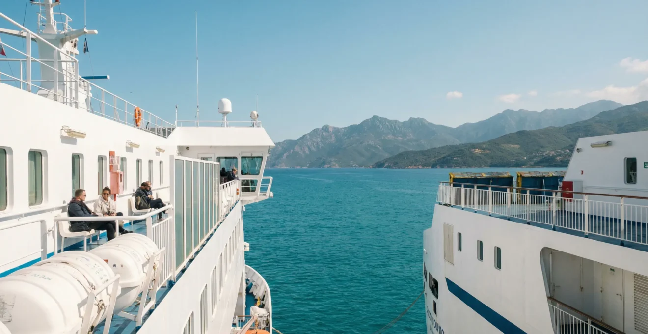 Ferry naviguant vers la Corse en Méditerranée avec côte montagneuse en arrière-plan