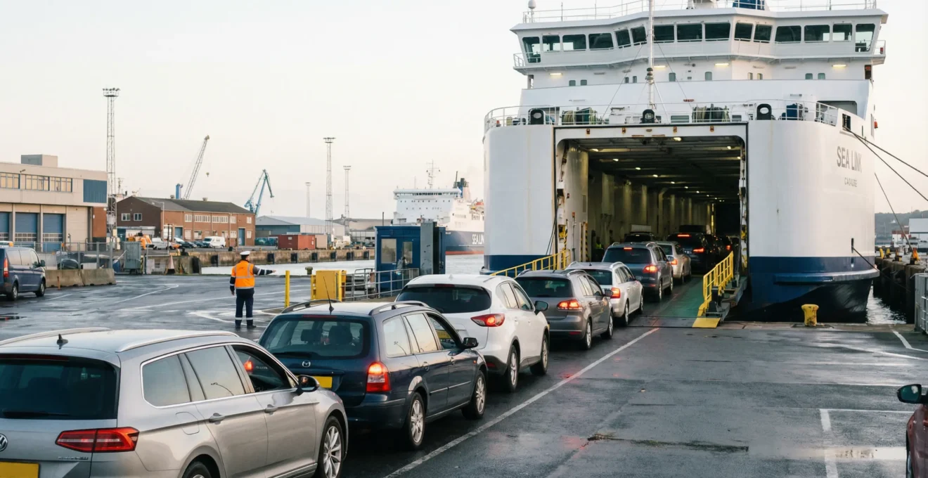 Embarquement de véhicules dans un ferry au port de Toulon en période estivale