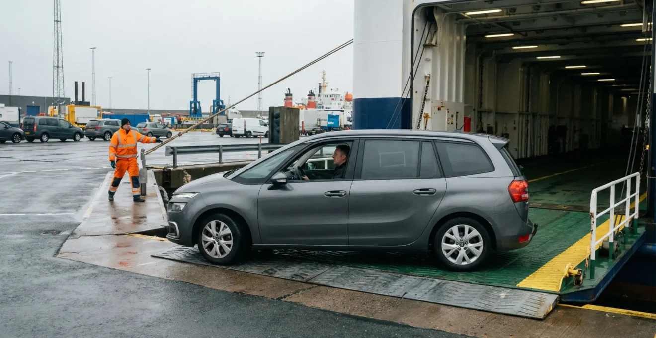 Voiture familiale embarquant dans la cale d'un ferry avec assistance équipage