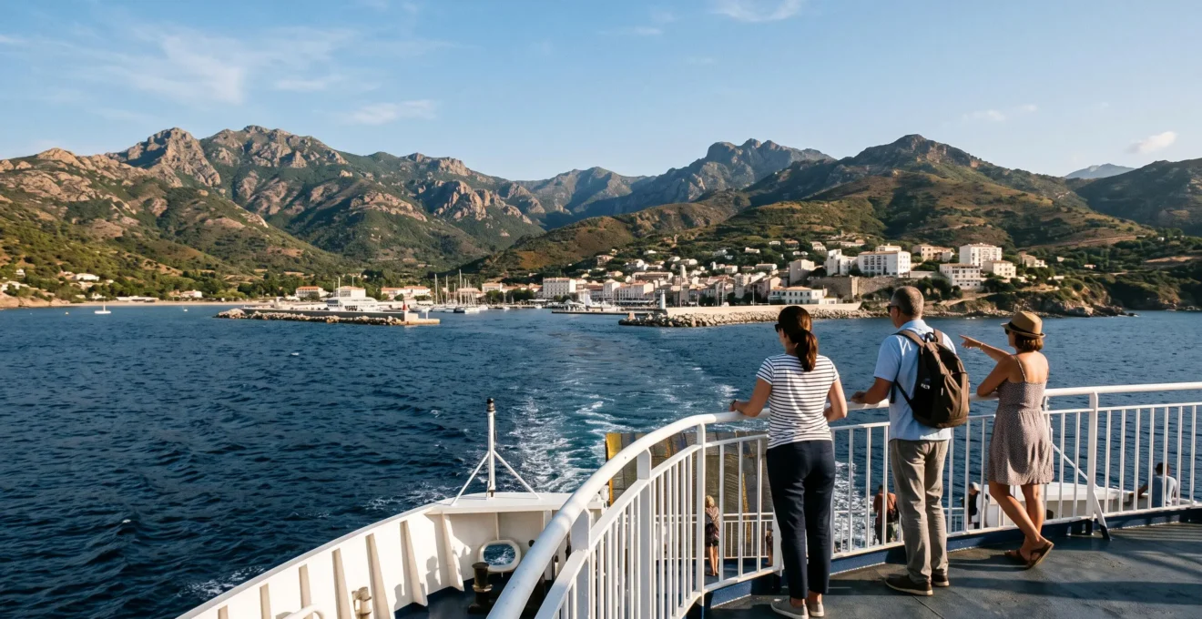Vue depuis le pont avant d'un ferry approchant du port corse avec la côte montagneuse en arrière-plan