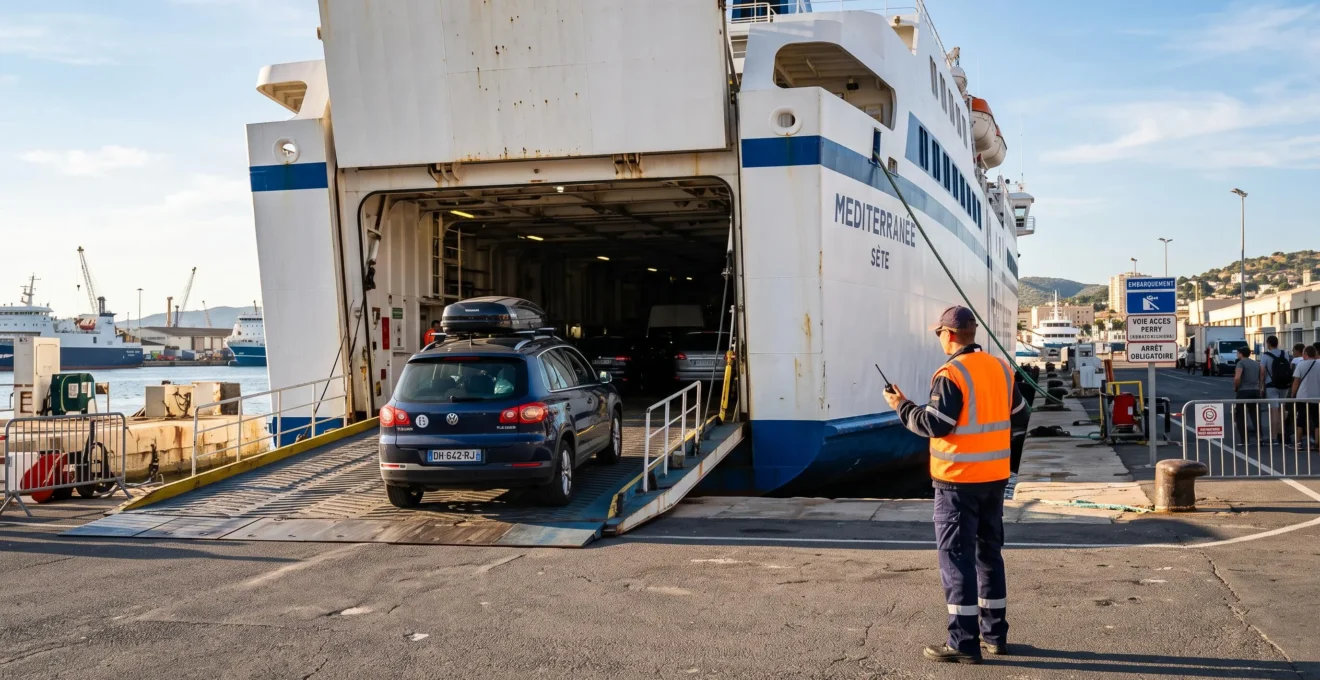 Véhicule montant la rampe d'embarquement d'un ferry au port méditerranéen français