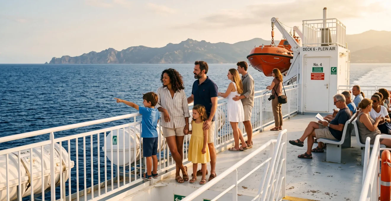 Passagers sur le pont extérieur d'un ferry profitant de la vue sur la mer Méditerranée durant la traversée vers la Corse