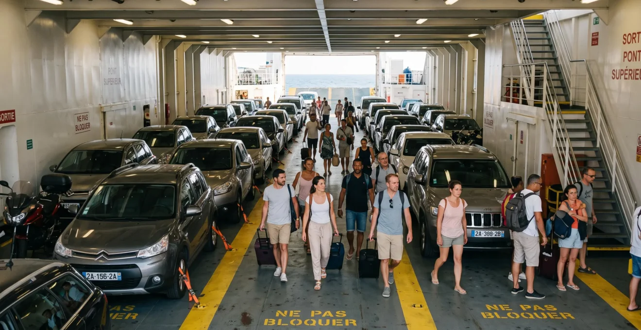 Intérieur du pont garage d'un ferry avec véhicules stationnés et passagers se dirigeant vers les ponts supérieurs