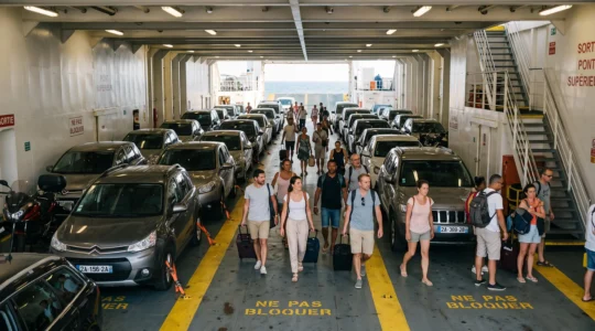 Intérieur du pont garage d'un ferry avec véhicules stationnés et passagers se dirigeant vers les ponts supérieurs